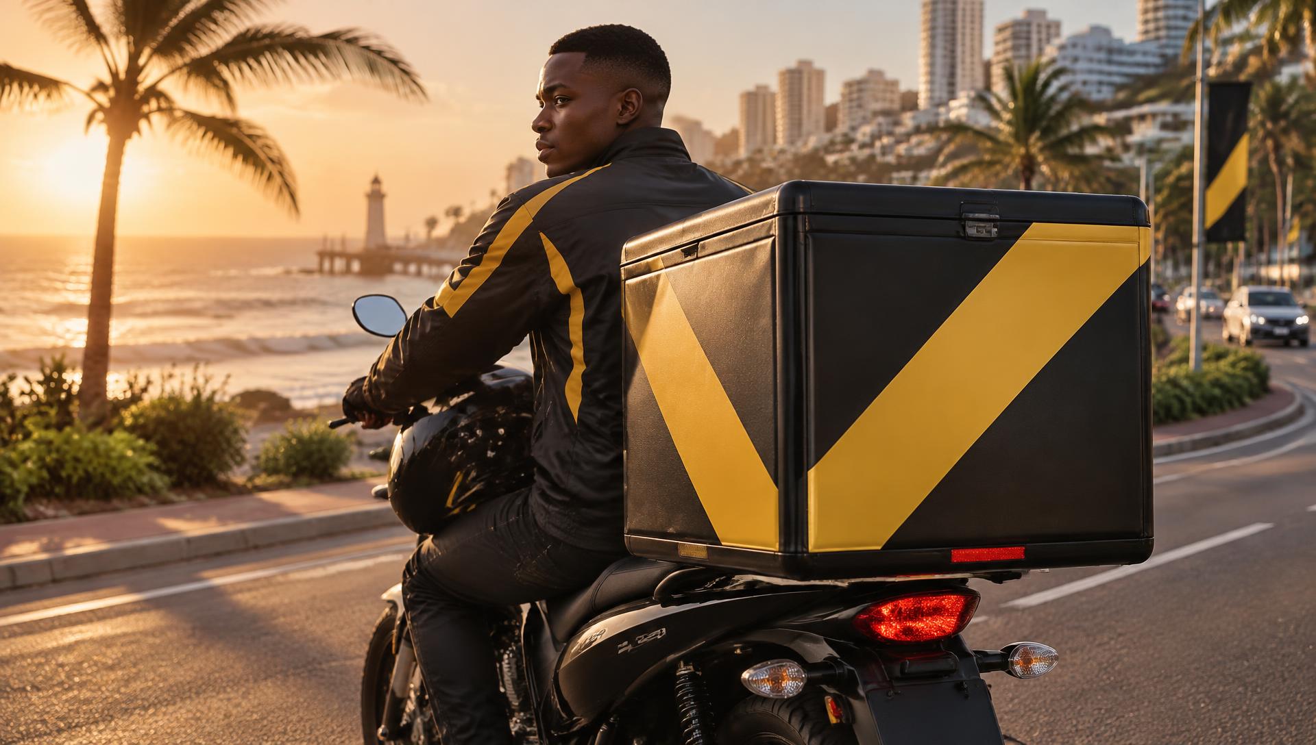 Delivery rider on a motorbike with a black and gold branded delivery box on a Durban beachfront road