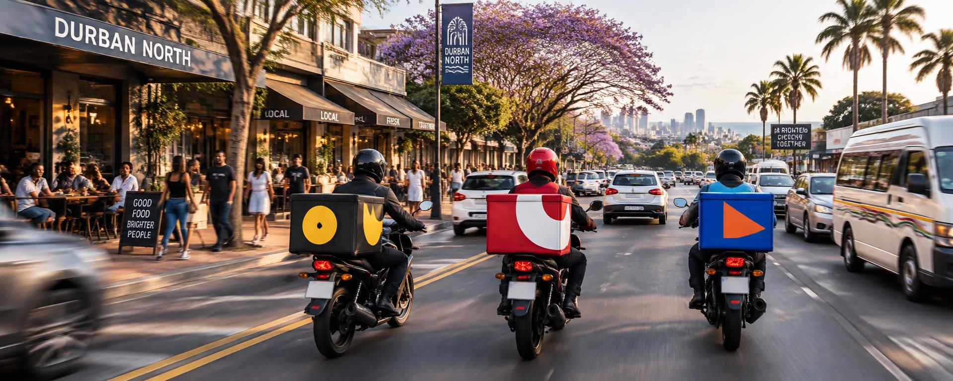 Branded delivery motorbikes riding through a busy South African trading street